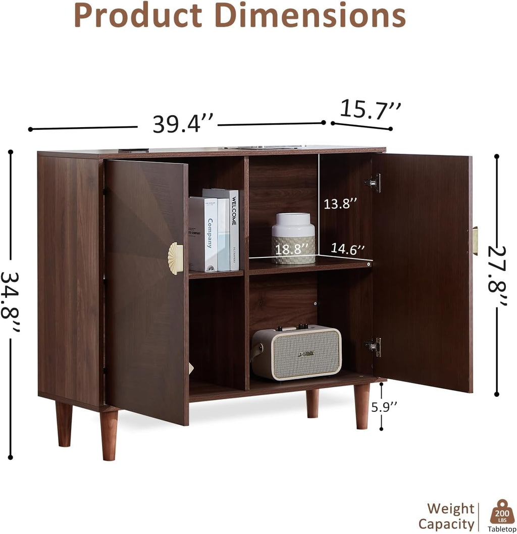 XEW 39.4" Sideboard Buffet Cabinet with Storage for Kitchen | Mid-Century Storage Cabinet with 2 Doors and Shelves, Credenza Buffet Table Coffee Bar for Dining Room, Walnut