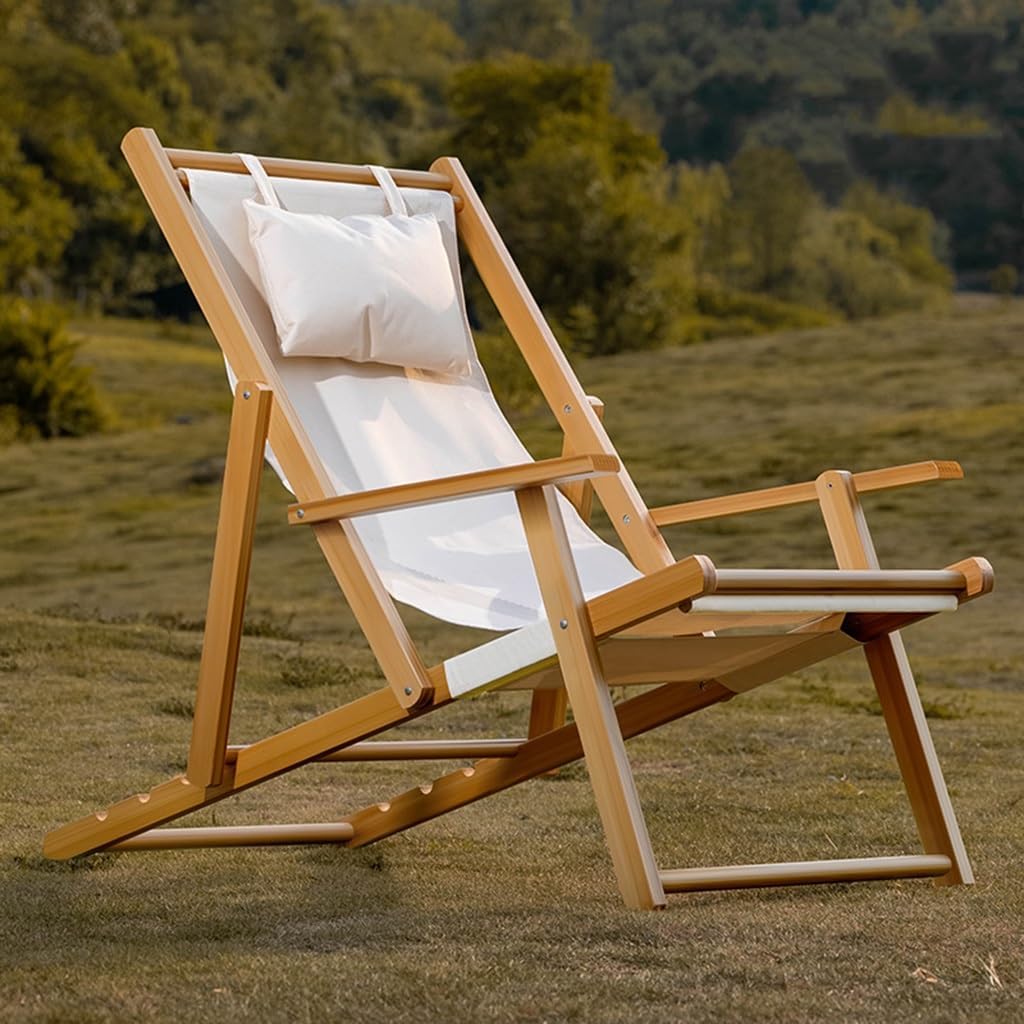 Wood Portable Reclining Beach Chair, 4 Level Height Adjustable Reclining Chairs with Wood Frames and Cushioned Headrest, for Indoor Outdoor Garden, Backyard, Poolside