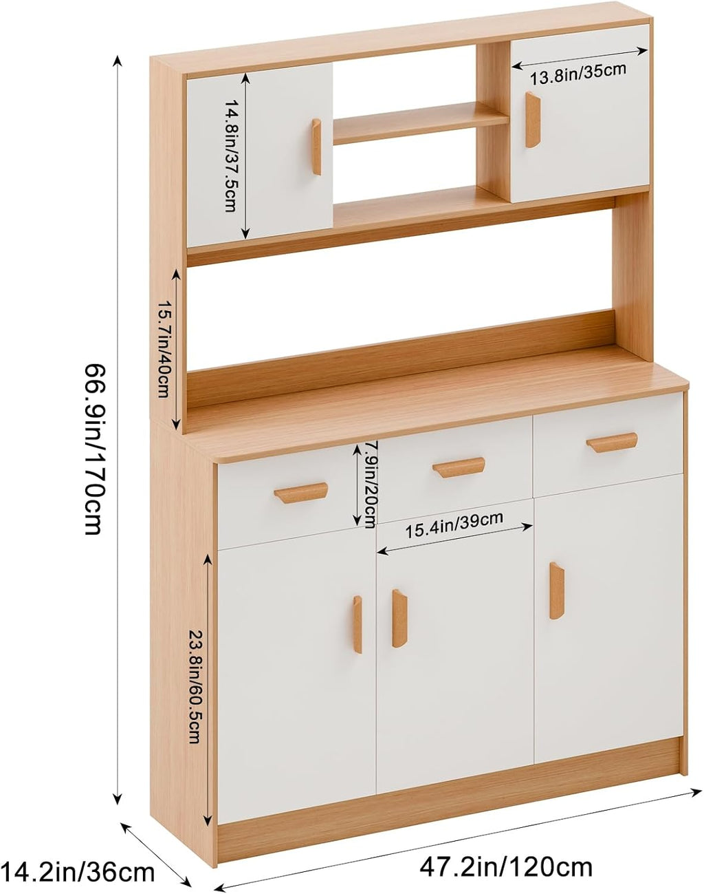 Talent Star 70" Tall Pantry Cabinet, Kitchen Storage Cabinet, Wood Storage Cabinets with 3 Drawers, 5 Doors and Open Shelves for Kitchen, Living Room, Dining Room Wooden Color