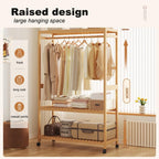 Bamboo Open Wardrobes with Wheels,Stable Clothes Rail with Rod and 2 Storage Shelves,for Hanging Clothes,Clothes Rack for Bedroom Entryway Bathroom Office,43/63/83/98 * 34 * 160cm