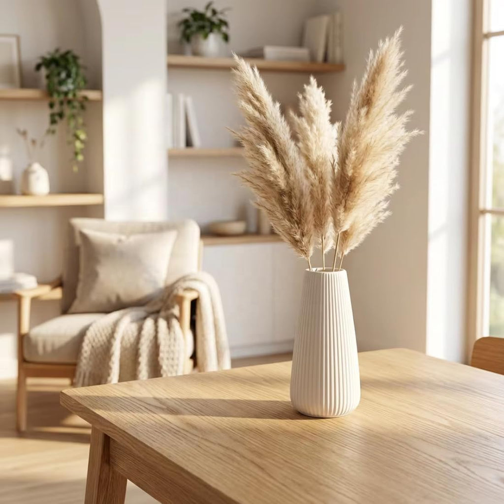 Luxury White Ceramic Vase, 8 Inch Modern Ribbed Fluted Design, Flower Vase for Home Decor, Cute Vase for Pampas Grass, Living Room, Dining Table, Farmhouse, Office, Bedroom, Kitchen Shelf