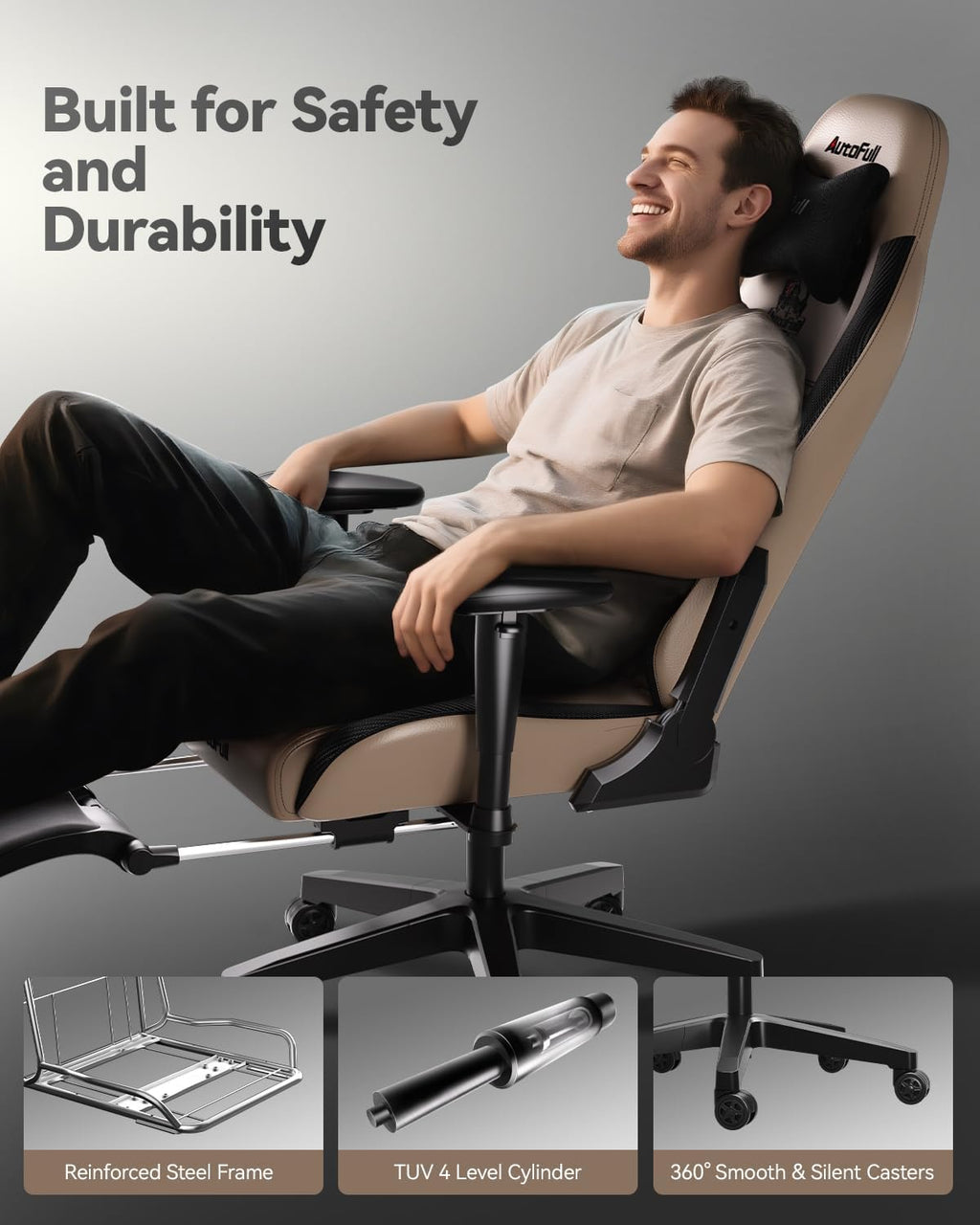 AutoFull C3 Gaming Chair, Racing Style Gaming Chair with Ergonomic Lumbar Support,Adjustable High Back PU Leather PC Chair with Footrest,Brown