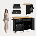 ONBRILL Kitchen Island with Storage, Island Table with Drop Leaf and Power Outlet, Kitchen Island on Wheels with Trash Cabinet, Spice Rack & Towel Rack, Black