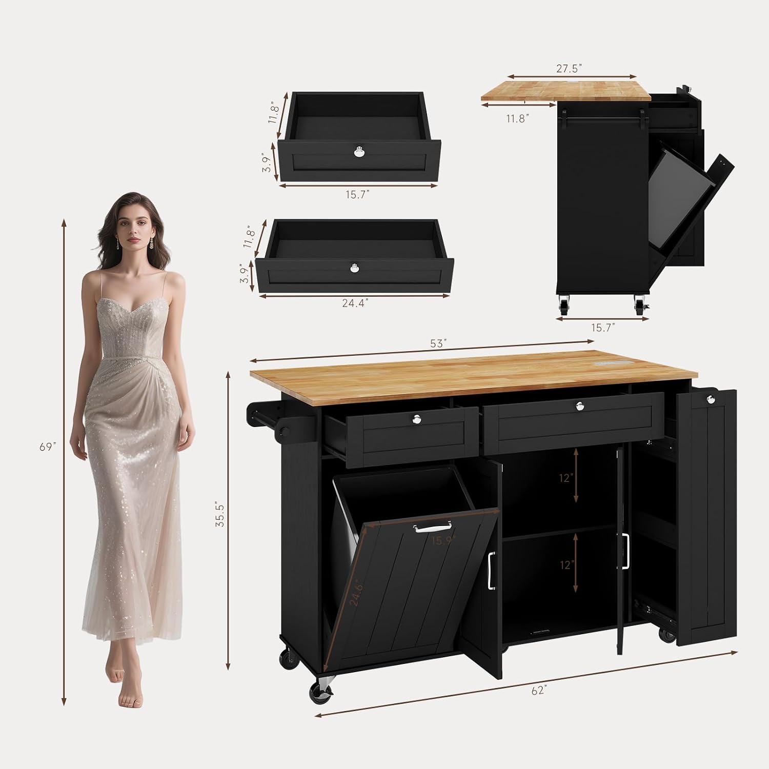ONBRILL Kitchen Island with Storage, Island Table with Drop Leaf and Power Outlet, Kitchen Island on Wheels with Trash Cabinet, Spice Rack & Towel Rack, Black