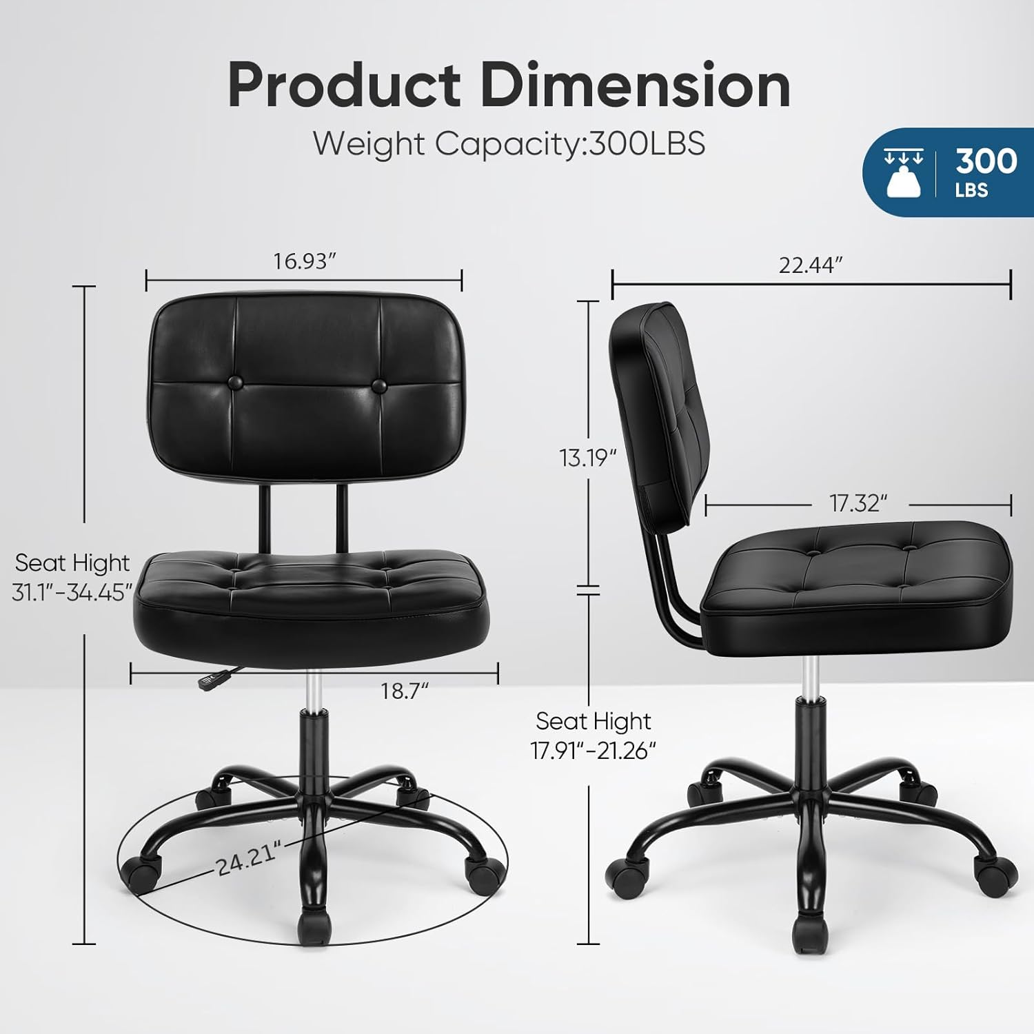 DUMOS Home Office Desk Chair - Ergonomic Armless PU Leather Computer Rolling Task Chair，with Comfy Lumbar Support and Height Adjustable, Vanity, Bedroom, Living Room, Black