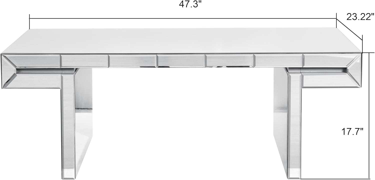 47 Inches Luxury Rectangular Mirror Coffee Table with Tempered Glass, Sofa Side Table, Easy 2 Step Assembly, Light Luxury Style, Reinforced Packaging