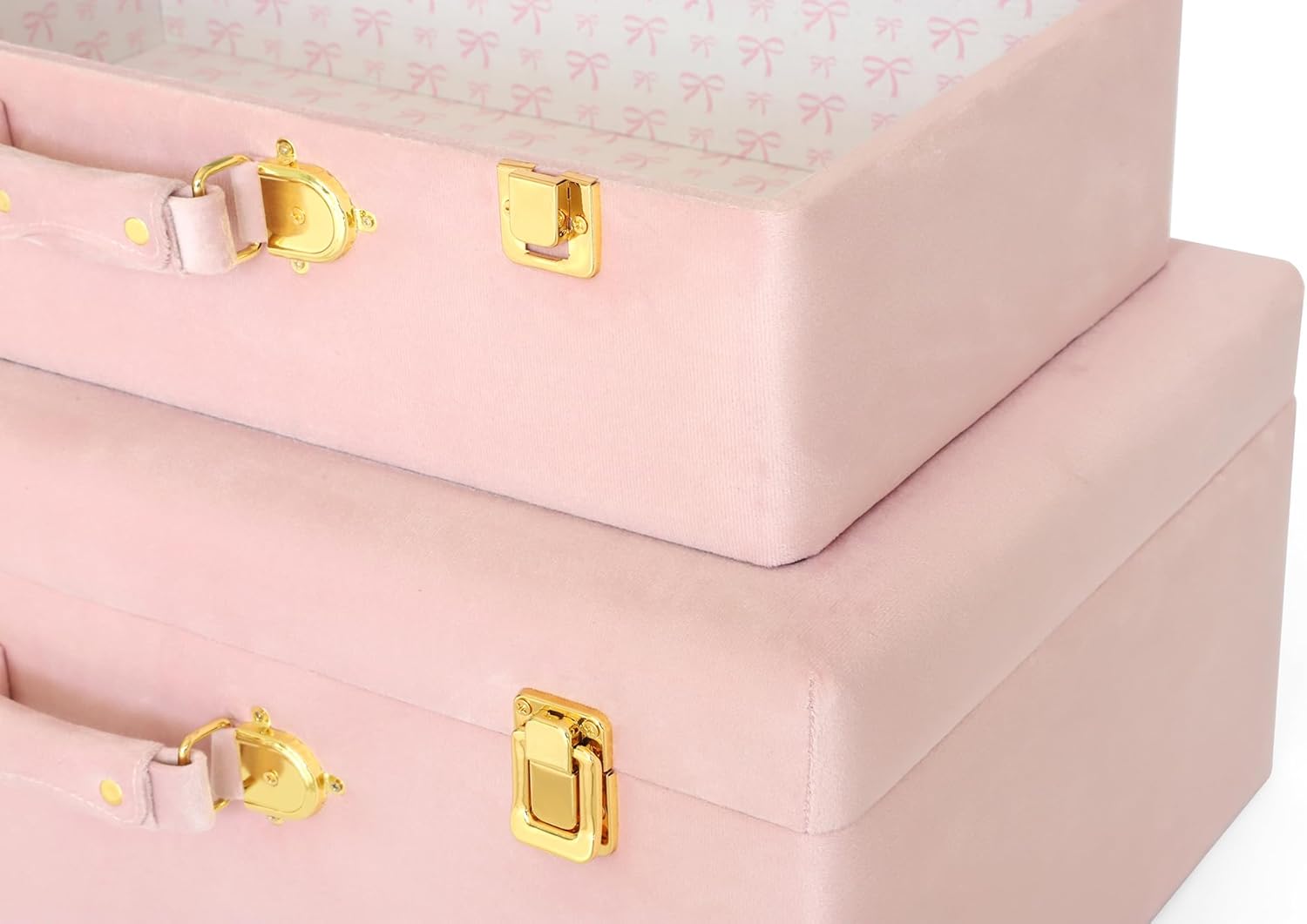 HofferRuffer Velvet Storage Trunks with Wood Frame, Set of 2 Storage Chests with Handles, Bedroom Organizer Nesting Upholstered Decorative Boxes Hinged Lid with Gold Hardware Accents (Pink Trunks)