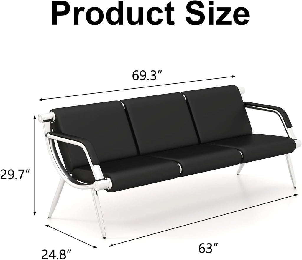 kinbor Waiting Room Chairs - 3 Seat Reception Bench Office Chair with Armrest, PU Leather Office Guest Seating Furniture for Salon Airport Hospital Bank, Black