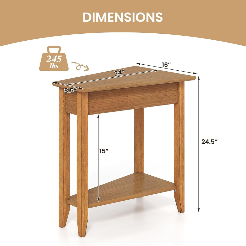 GOFLAME 2-Tier Wedge End Table, Narrow Triangle Side Table with Storage Shelf, Solid Wood Legs, Nightstand, Recliner Wedge Table for Living Room, Bedroom, Small Space, Rustic Walnut