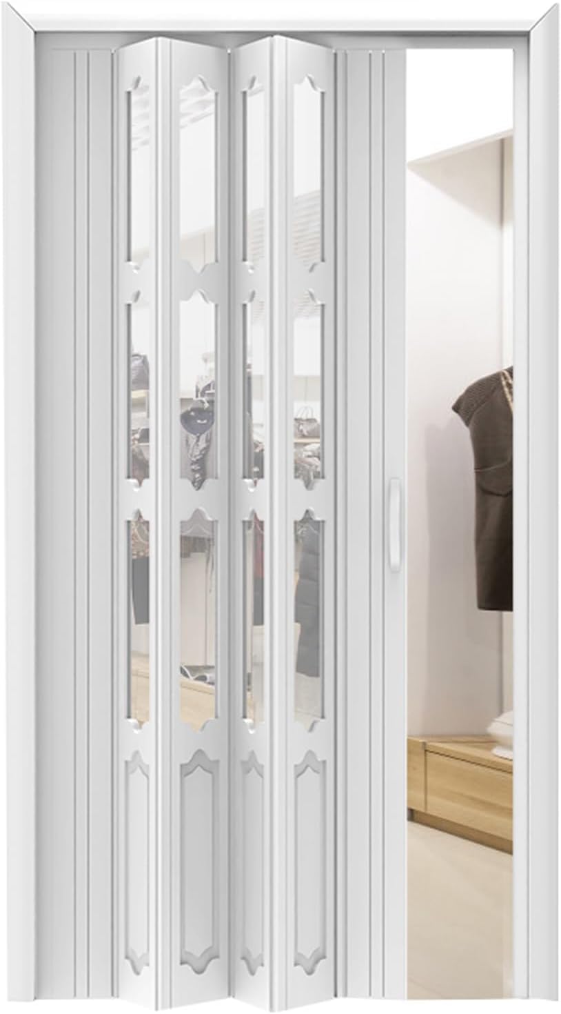 Folding Door PVC White Accordion Partition 80 Inch Tall, Interior Closet Doors with Hardware & Lock, Multifold Plastic Door for Installation (57x80in)