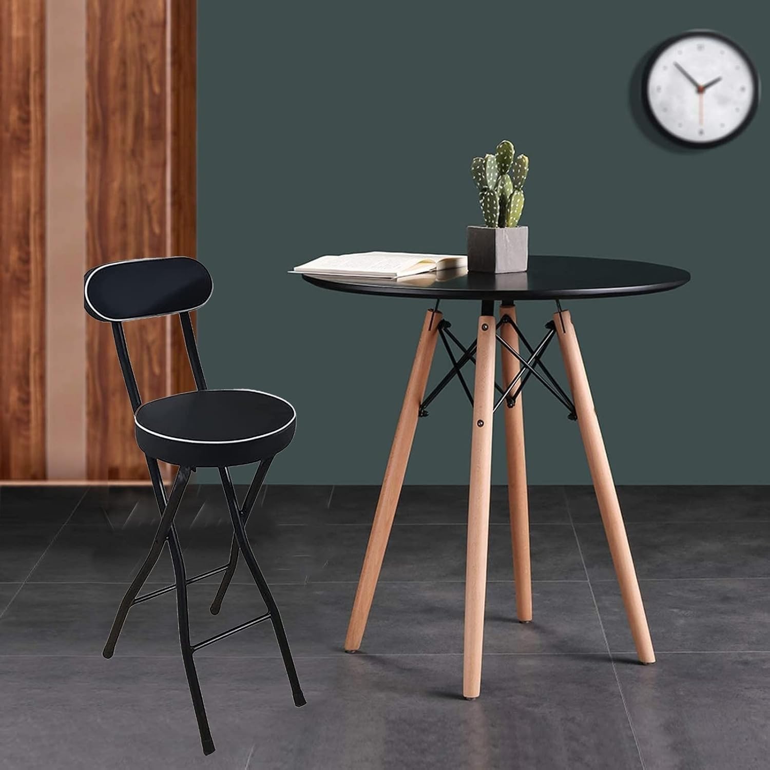 Black Folding Breakfast Kitchen Bar Stool Counter Height High Chair with Backrest Cushioned Padded Footrest(Black,55cm/22inch)