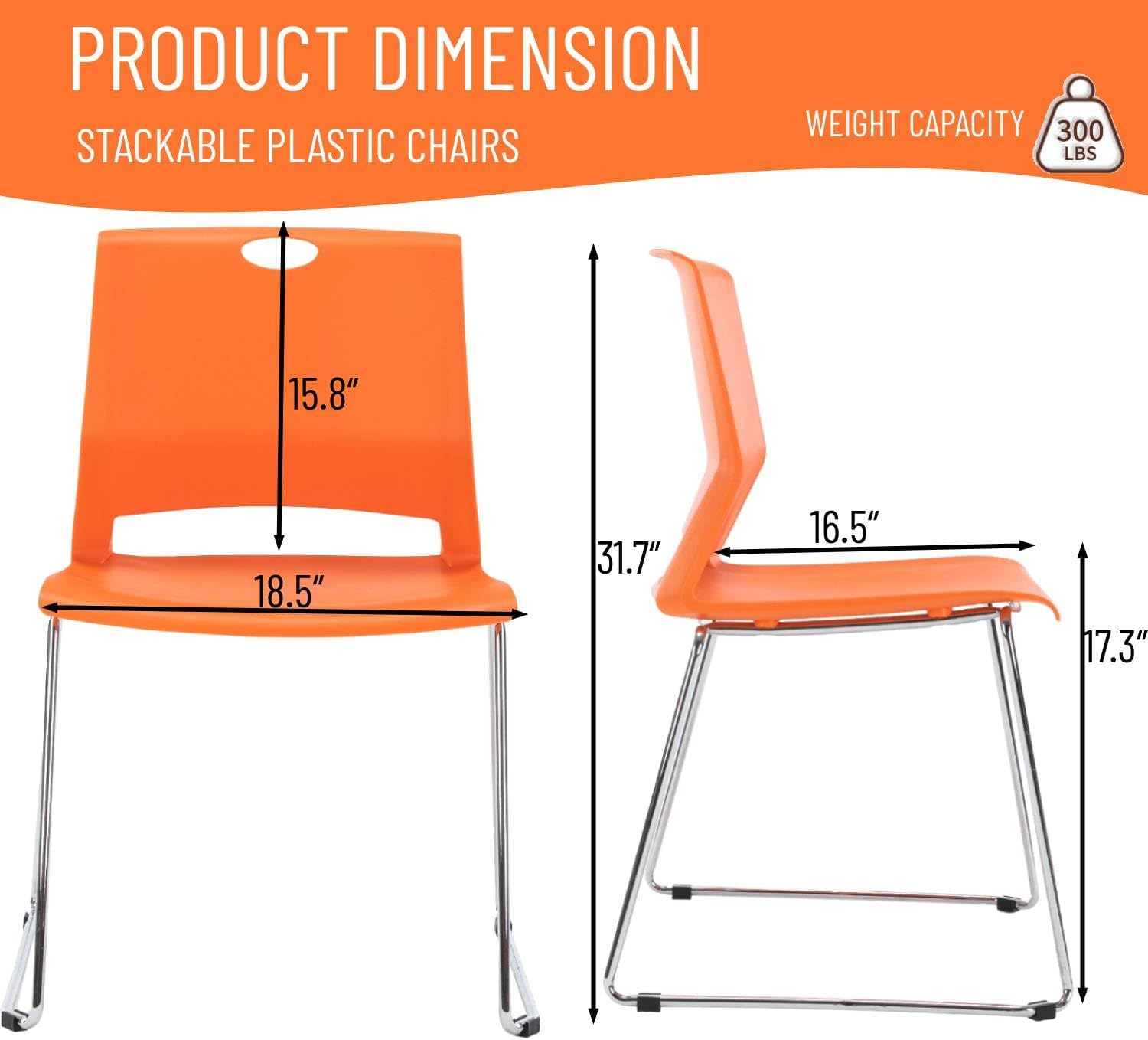 Set of 4 Stackable Chairs with Sled Base Reception Guest Chair Stacking Chairs for Office/Waiting Room/Conference Room/Guest Reception/Events/Churches, Orange.