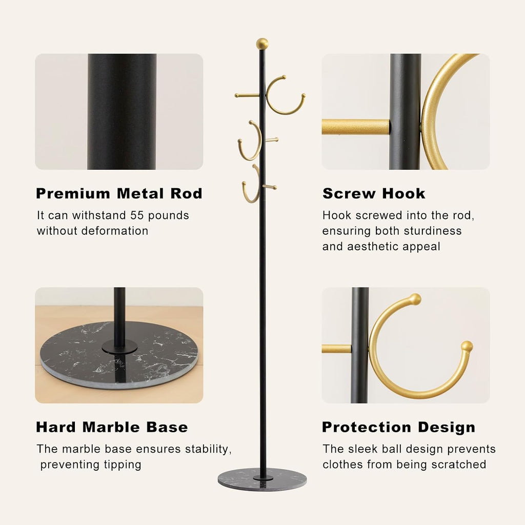 JIAYUEJU Coat Rack Freestanding Corner Coat Tree Hat Rack Stand with Heavy duty Marble Base & 6 Hooks for Entryway, Hallway, Living Room, Bedroom, Hotel, Office 14.57”x 14.57”x 66.93”