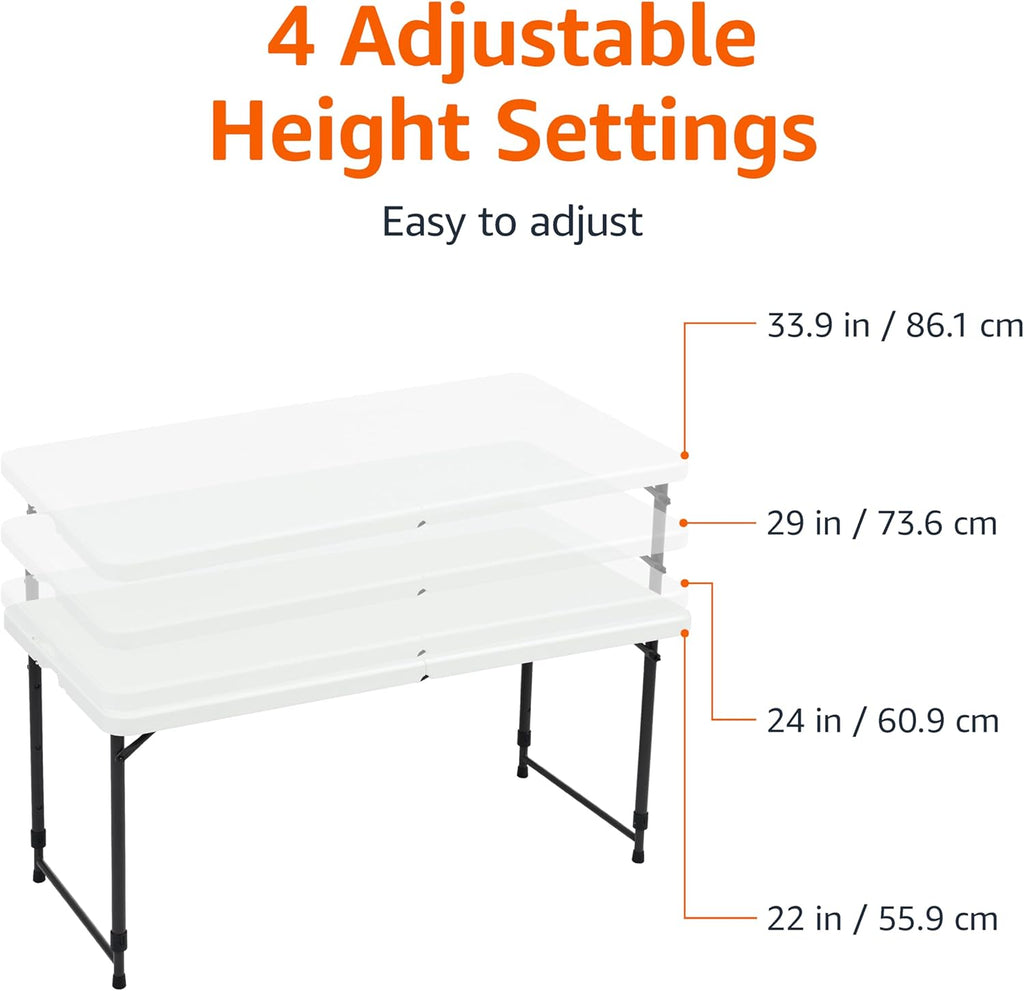 Amazon Basics Portable 4 Foot Rectangular Folding Dining Table, 4 Adjustable Height Settings, Carrying Handle, Indoor & Outdoor, Sturdy for Events, White, 47.8 x 23.9 x 33.9 in