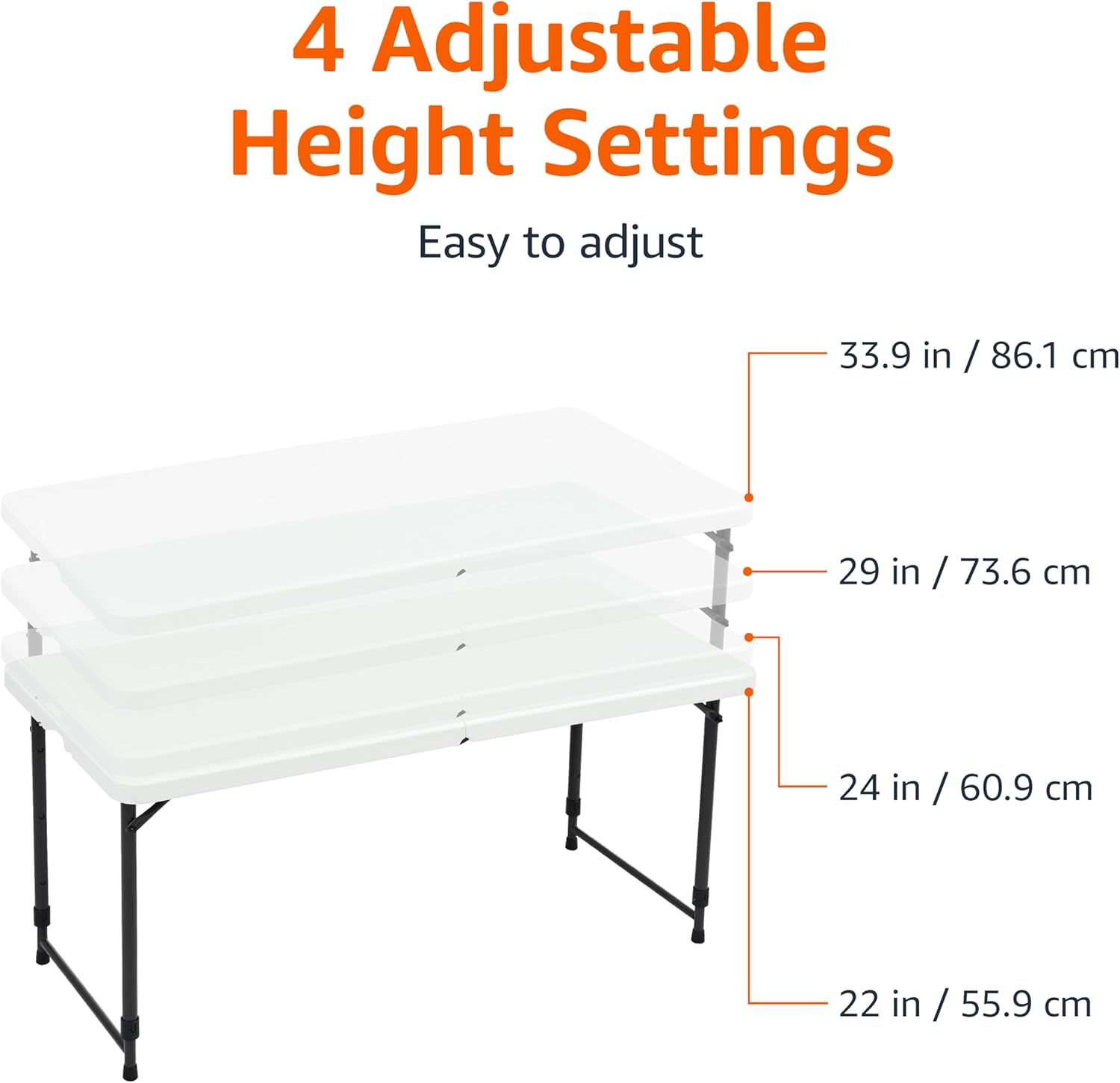 Amazon Basics Portable 4 Foot Rectangular Folding Dining Table, 4 Adjustable Height Settings, Carrying Handle, Indoor & Outdoor, Sturdy for Events, White, 47.8 x 23.9 x 33.9 in