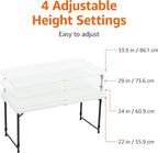 Amazon Basics Portable 4 Foot Rectangular Folding Dining Table, 4 Adjustable Height Settings, Carrying Handle, Indoor & Outdoor, Sturdy for Events, White, 47.8 x 23.9 x 33.9 in