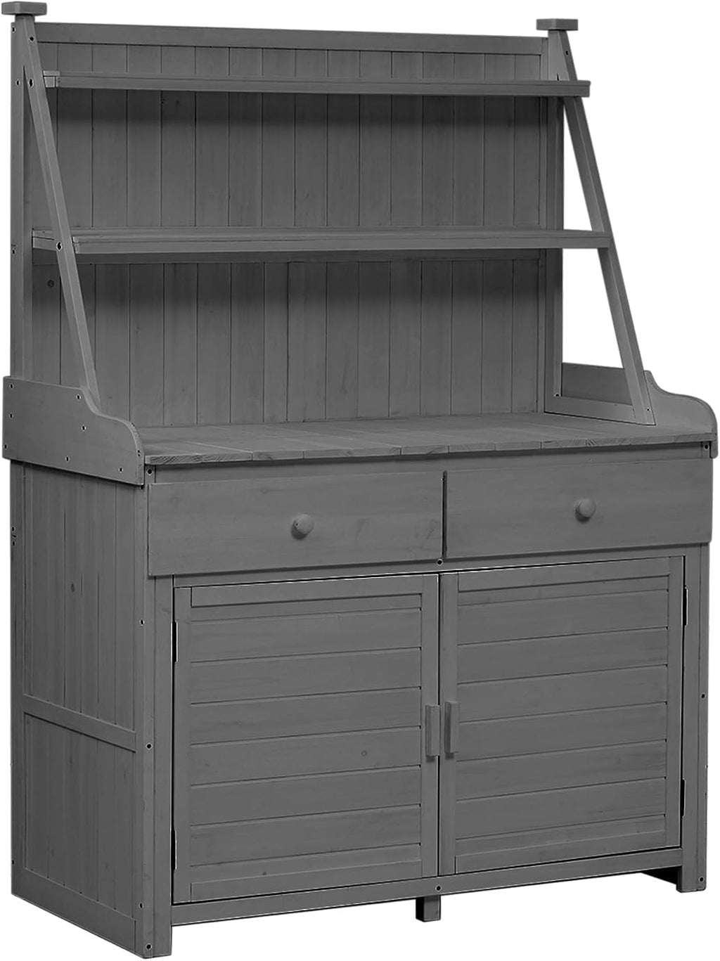 65" Garden Potting Bench with Storage Cabinet, Grey | 100% fir wood, 46.1" worktop, 3-tier shelves, anti-falling devices, 47.2"L x 22.8"W x 65"H, for garden tasks
