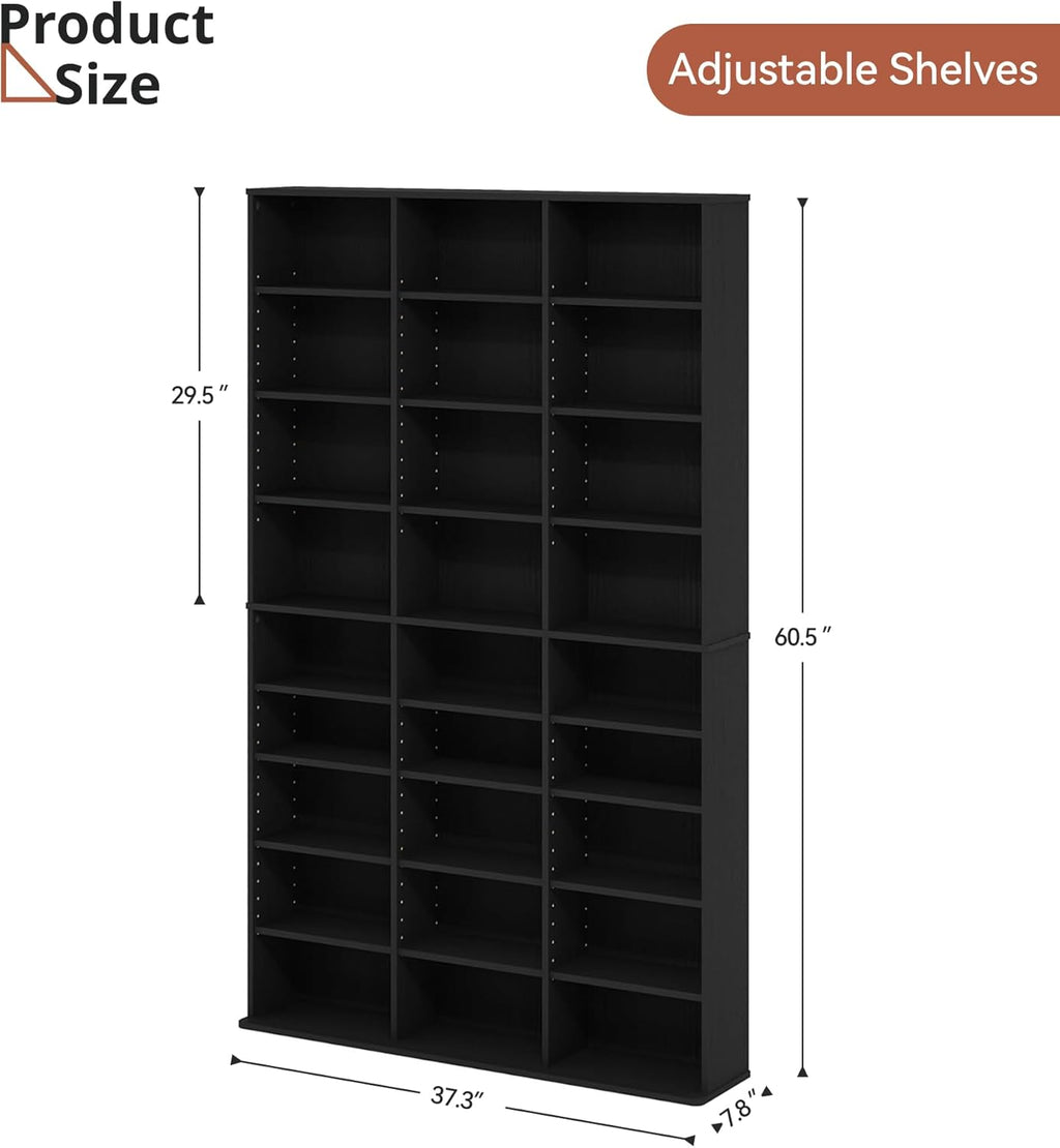 DVD Shelf Storage, 9-Tier Media Storage Cabinet with Adjustable Shelves CD Cabinet Media Tower for DVDs CD Holder, Books, Games, Blue Rays, Black