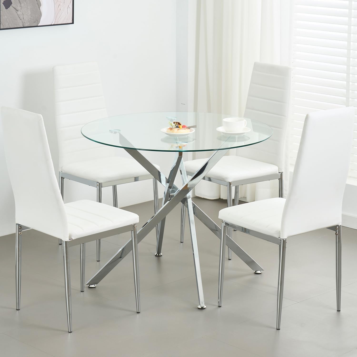 Modern Dining Table for 4-6 People, 47" Round Dining Table with Silver Chrome Metal X-Base, Circle Tempered Glass Dining Room Table, Small Kitchen Dining Room Tables Dinner Tables