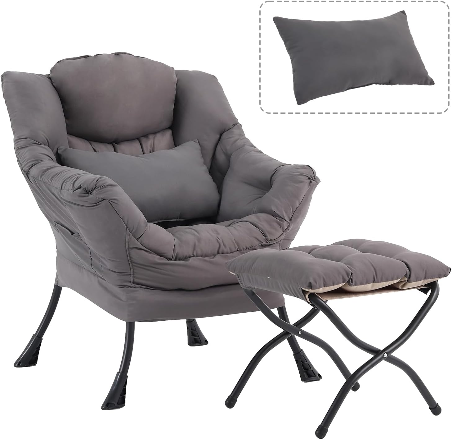 Lazy Chair with Ottoman, Reading Chair with Pillow，Dark Grey | Comfy Accent Lounge Chair with Pillow & folding Foot Stool, sturdy metal frame for bedroom, dorm or apartment, Living Room