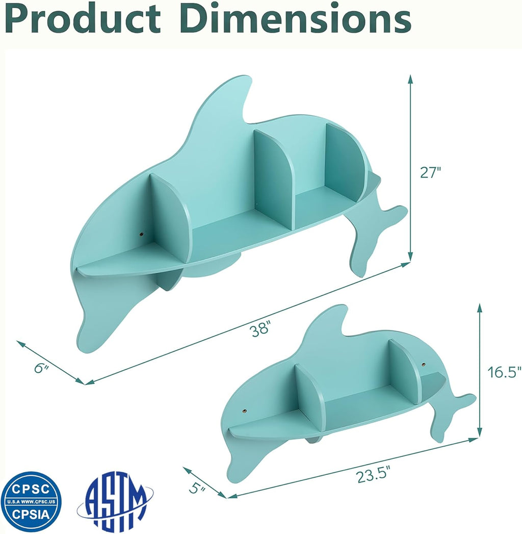 HONEY JOY Wall Mounted Kids Book Shelves Set of 2, Dolphin-Shaped Floating Book Shelves w/Compartments, Space-Saving Cute Bookcases, Wooden Display Storage Rack for Bedroom Nursery Kindergarten
