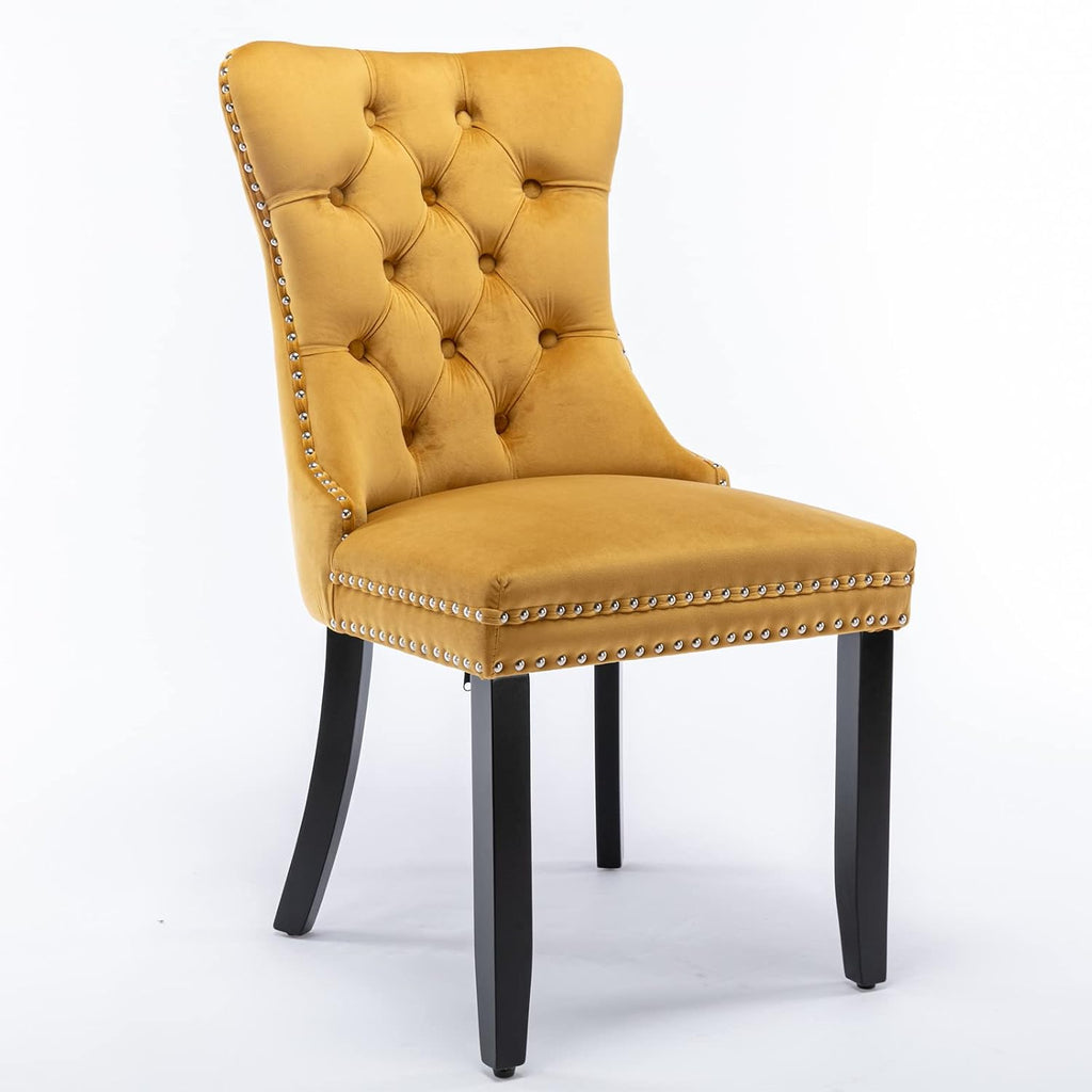 KEIKI Velvet Tufted Dining Room Chairs Set of 2, Kitchen Nailhead Trim Chairs with Solid Wood Legs and Padded Seat, Gold