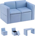 UNICOO Toddler Convertable Sofa, 2-in-1 Double Set Sofa Convert to Table & 2 Chairs, Toddler Lounge with Wooden Frame and Leather Surface, Childrens Couch Armrest Chair with Storage Box (Sky Blue)