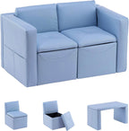 UNICOO Toddler Convertable Sofa, 2-in-1 Double Set Sofa Convert to Table & 2 Chairs, Toddler Lounge with Wooden Frame and Leather Surface, Childrens Couch Armrest Chair with Storage Box (Sky Blue)