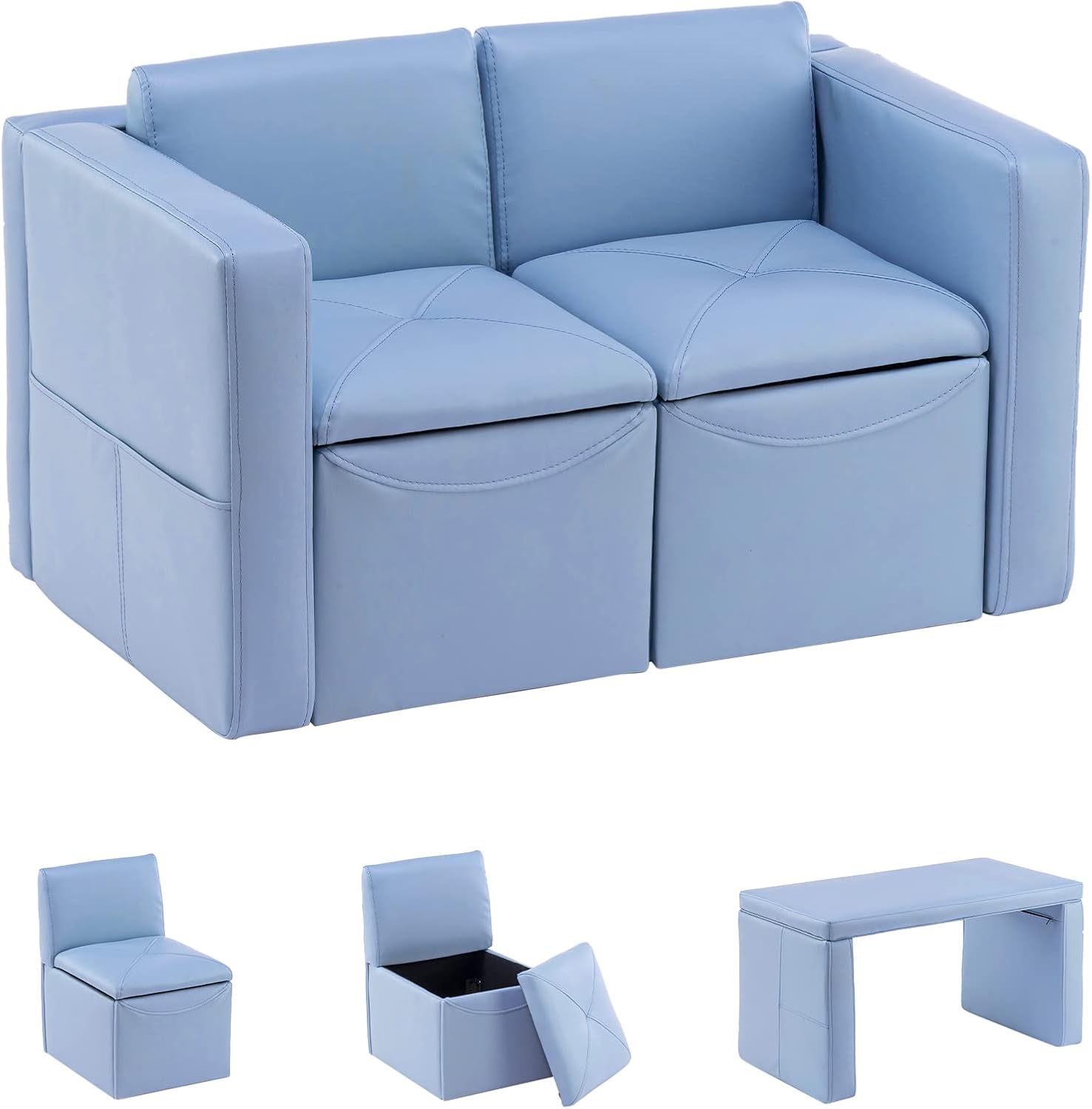 UNICOO Toddler Convertable Sofa, 2-in-1 Double Set Sofa Convert to Table & 2 Chairs, Toddler Lounge with Wooden Frame and Leather Surface, Childrens Couch Armrest Chair with Storage Box (Sky Blue)