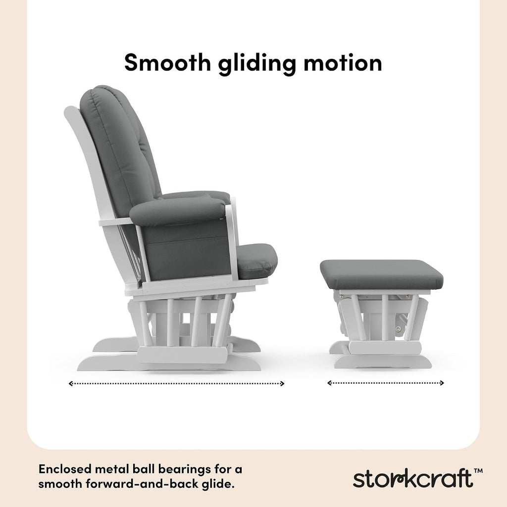 Storkcraft Tuscany Custom Glider and Ottoman with Free Lumbar Pillow (White/Grey) - Cleanable Upholstered Comfort Rocking Nursery Chair with Ottoman