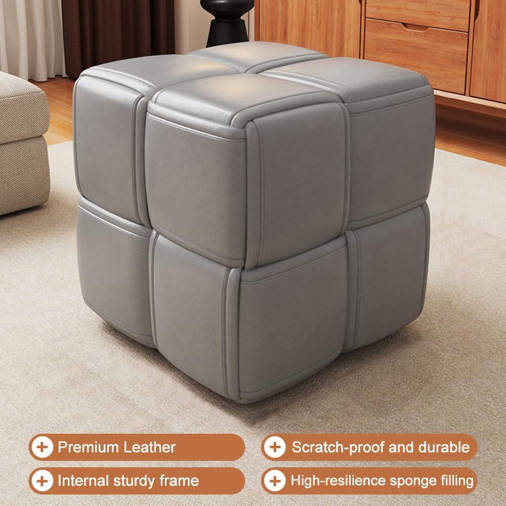Timati PU Leather Ottoman and Foot Rest, Square Makeup Stool with Solid Wood Frame, Modern Cube Design Padded Sofa Seat Foot Rest Stool for Sofa, Living Room, Bedroom, Dining Room, Balcony (Gray)