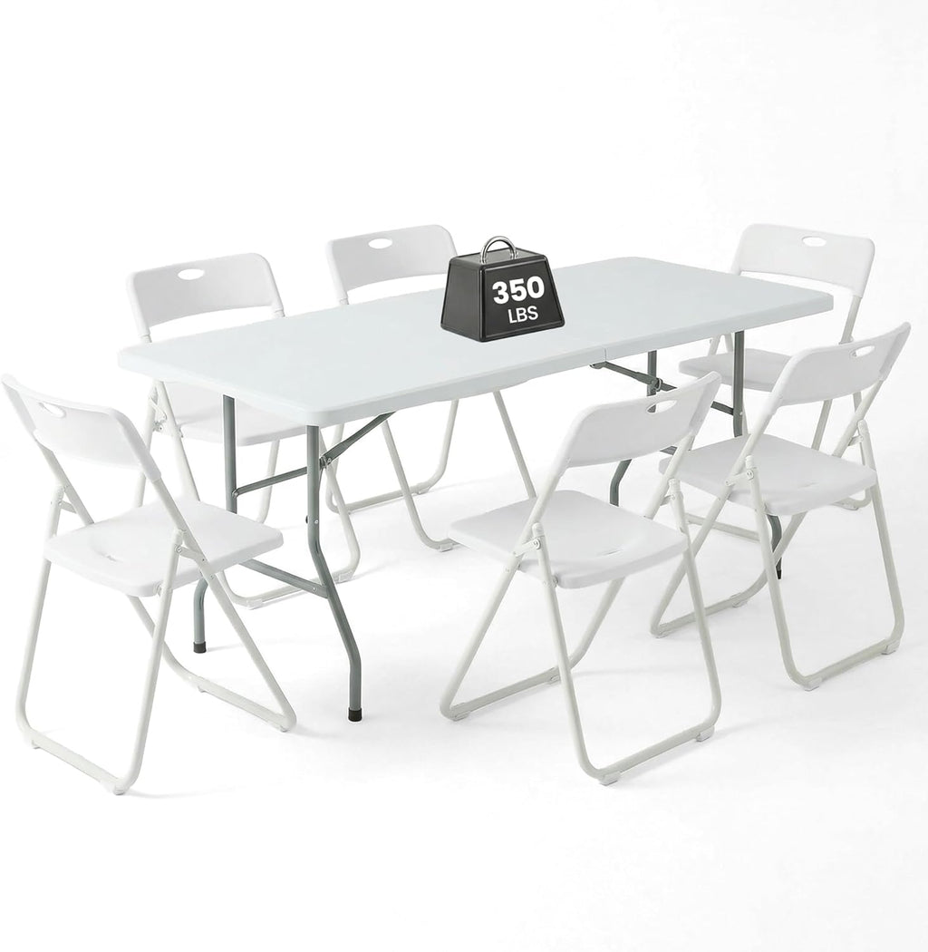 6FT Foldable Table Set with 6 Pack Plastic Folding Chairs, Heavy Duty 350 lbs Folding Table & Folding Chairs, Portable Foldable Furniture Bundle for Parties, Wedding, Events, Indoor & Outdoor