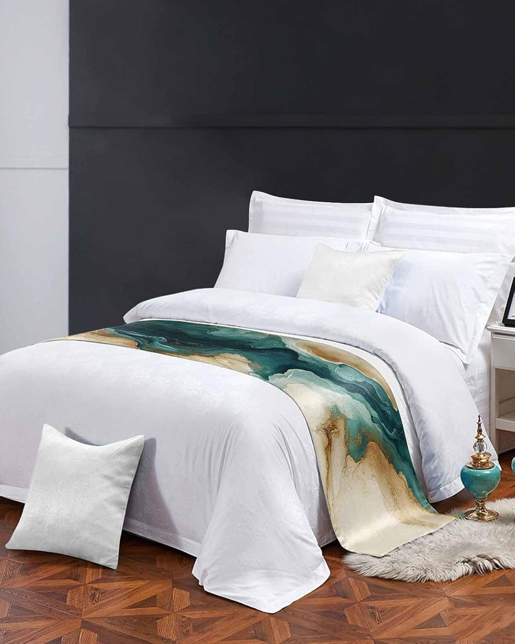 Teal Brown Bed Runners for Queen Size Beds, Decorative Bed Throws for Foot of Beds, Luxury Bedding Protector Slipcover Retro Contemporary Abstract Art Bedrunners & Scarves for Bedroom Hotel, 94"x20"