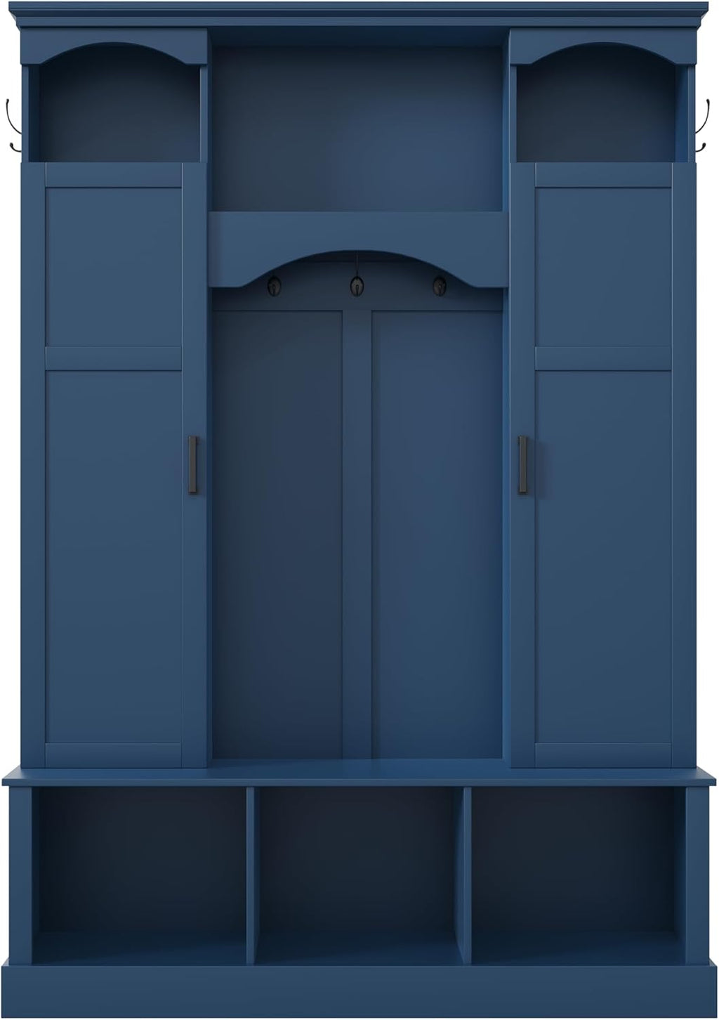 SOFTSEA Arched Hall Tree with Storage Bench, Entryway Bench with 7 Hooks and Shoe Cabinets, Modern Coat Tree Entryway Organizer with Shoe Storage for Mudroom, Living Room, Blue