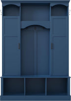 SOFTSEA Arched Hall Tree with Storage Bench, Entryway Bench with 7 Hooks and Shoe Cabinets, Modern Coat Tree Entryway Organizer with Shoe Storage for Mudroom, Living Room, Blue