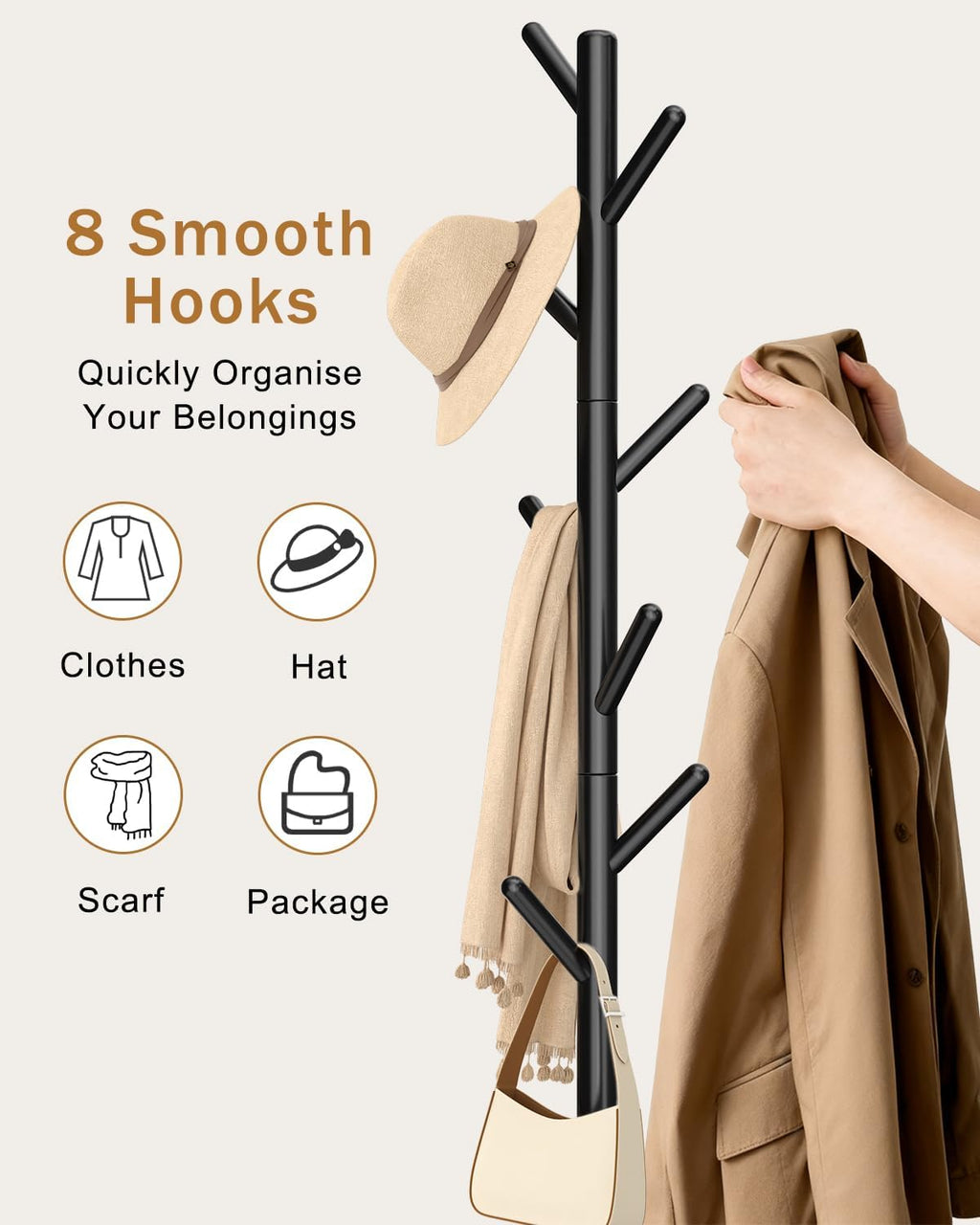 Yawinhe Wooden Coat Rack Freestanding,Hall Tree with 8 Hooks,Black | 3 Adjustable Heights Coat Standing Tree; Sturdy Clothes Stand with Square Base; Coat Tree for Entryway, Hallway