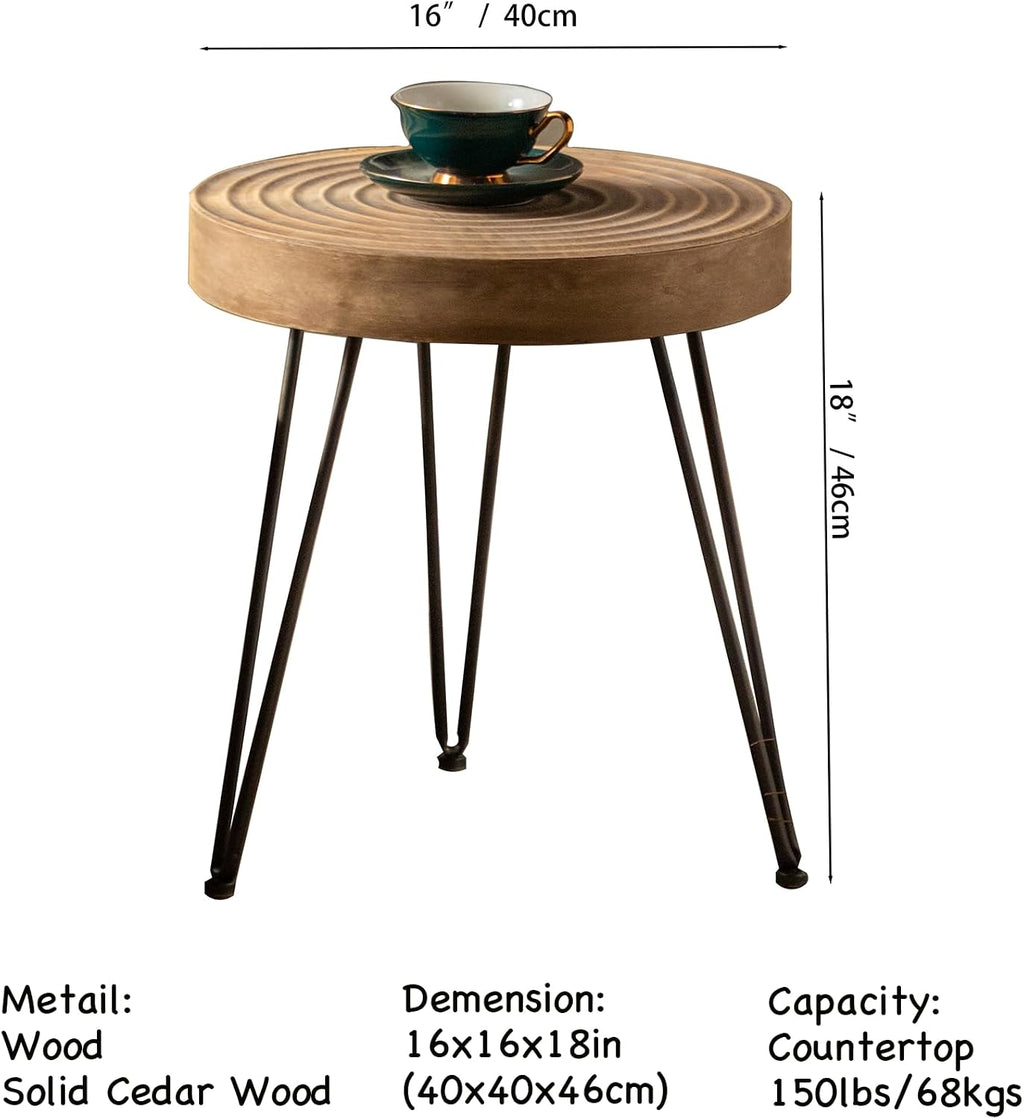 Round Wooden Side Table, 16" Diameter Tall End Table with Grooved Top & Black Metal Legs, Rustic Industrial Accent Table for Living Room, Bedroom & Small Spaces, Sold Individually
