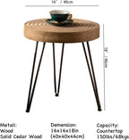 Round Wooden Side Table, 16" Diameter Tall End Table with Grooved Top & Black Metal Legs, Rustic Industrial Accent Table for Living Room, Bedroom & Small Spaces, Sold Individually