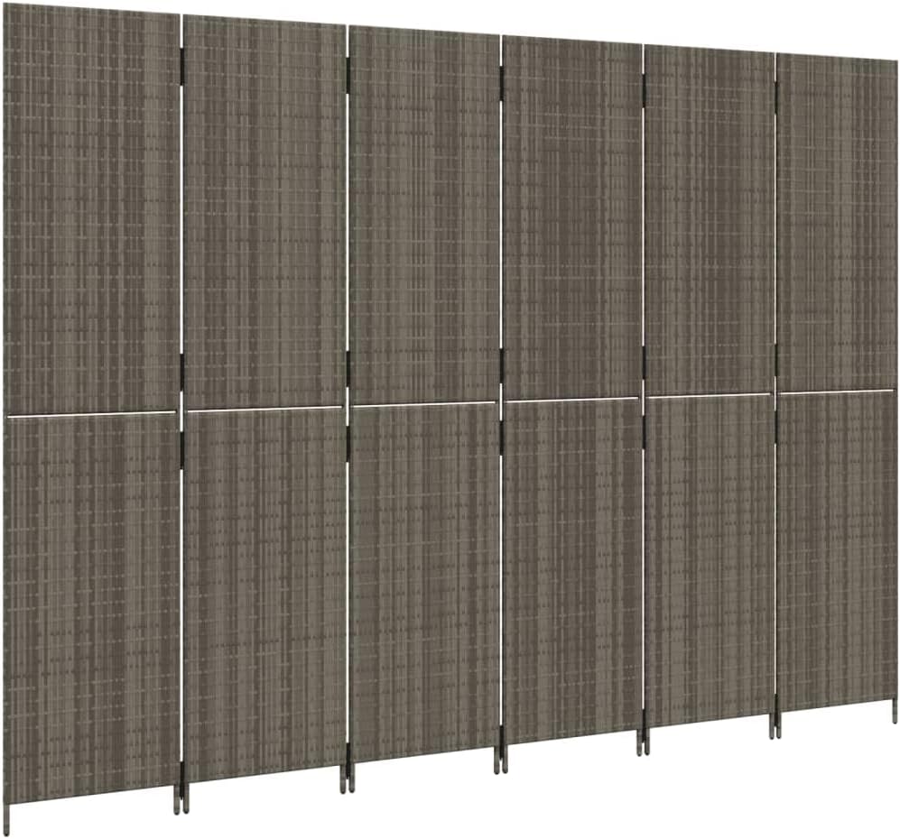 Poly Rattan Room Divider 6 Panels Gray, Privacy Screen with Powder-Coated Steel Frame, Foldable Partition for Indoor Outdoor Use, Blocks Sunlight
