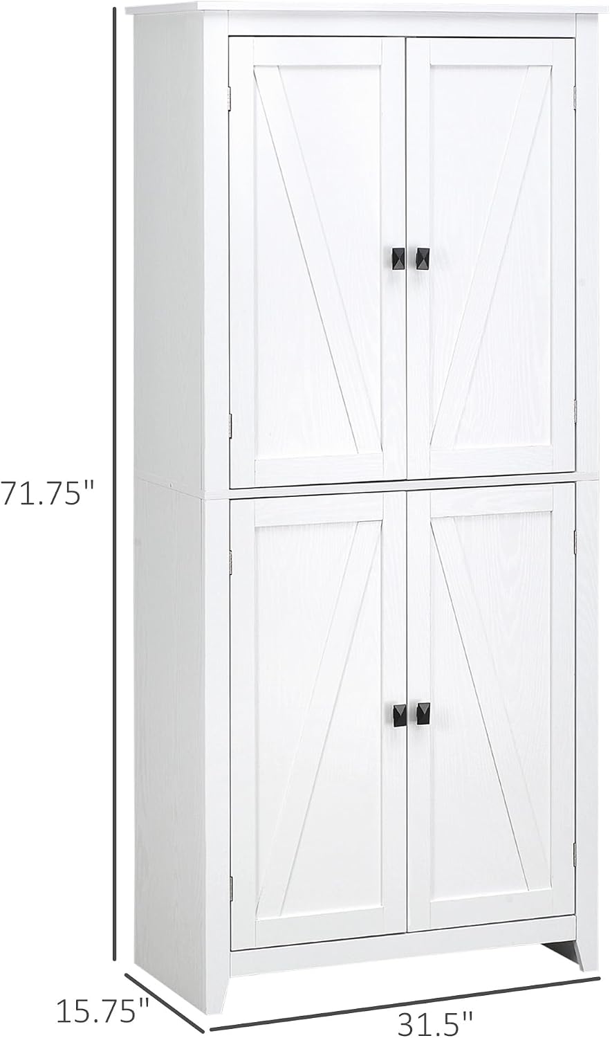 72" Freestanding 4-Door Kitchen Pantry, Storage Cabinet Organizer with 4-Tiers, and Adjustable Shelves, White