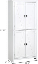 72" Freestanding 4-Door Kitchen Pantry, Storage Cabinet Organizer with 4-Tiers, and Adjustable Shelves, White