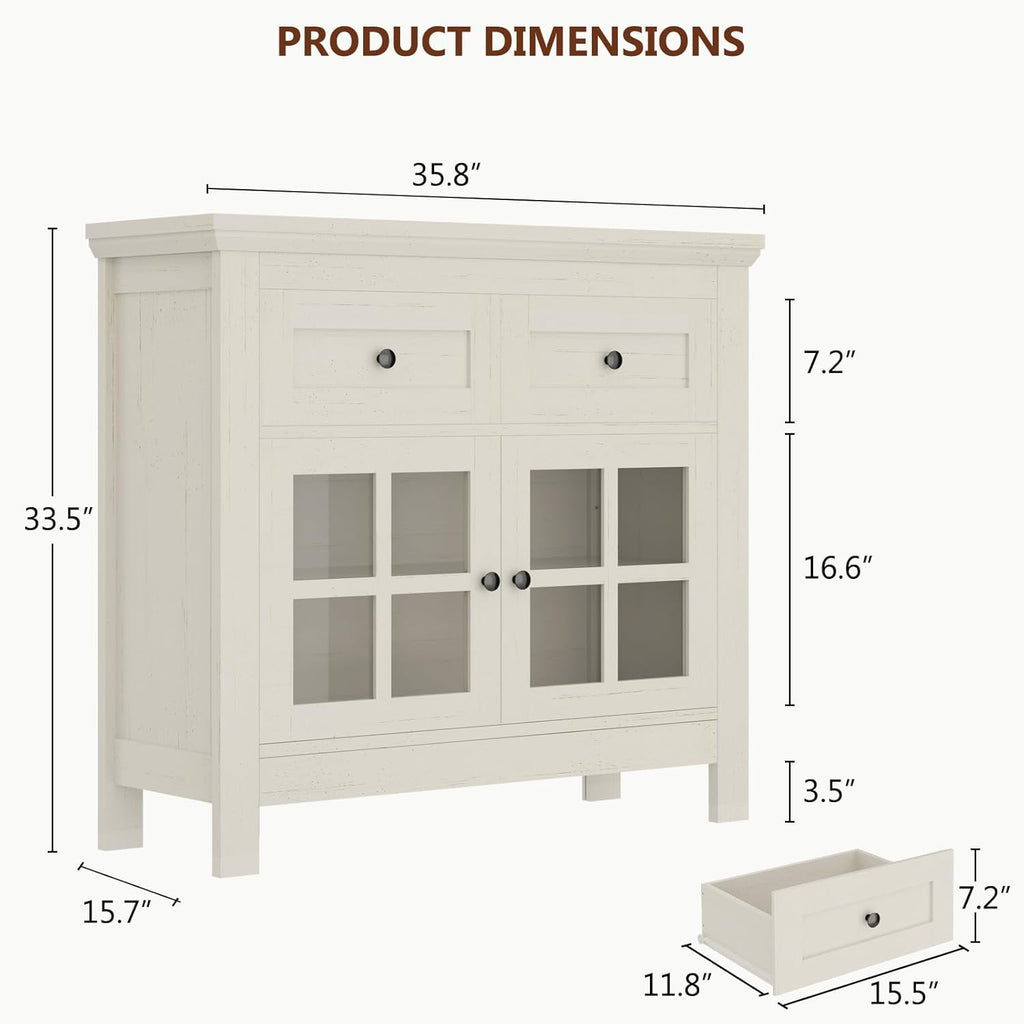 36” Buffet Cabinet Sideboard, Coffee Bar Storage Cabinet with Drawers and Display Glass Doors, Farmhouse Kitchen Credenza with Adjustable Shelves for Kitchen, Living Room, Vintage White