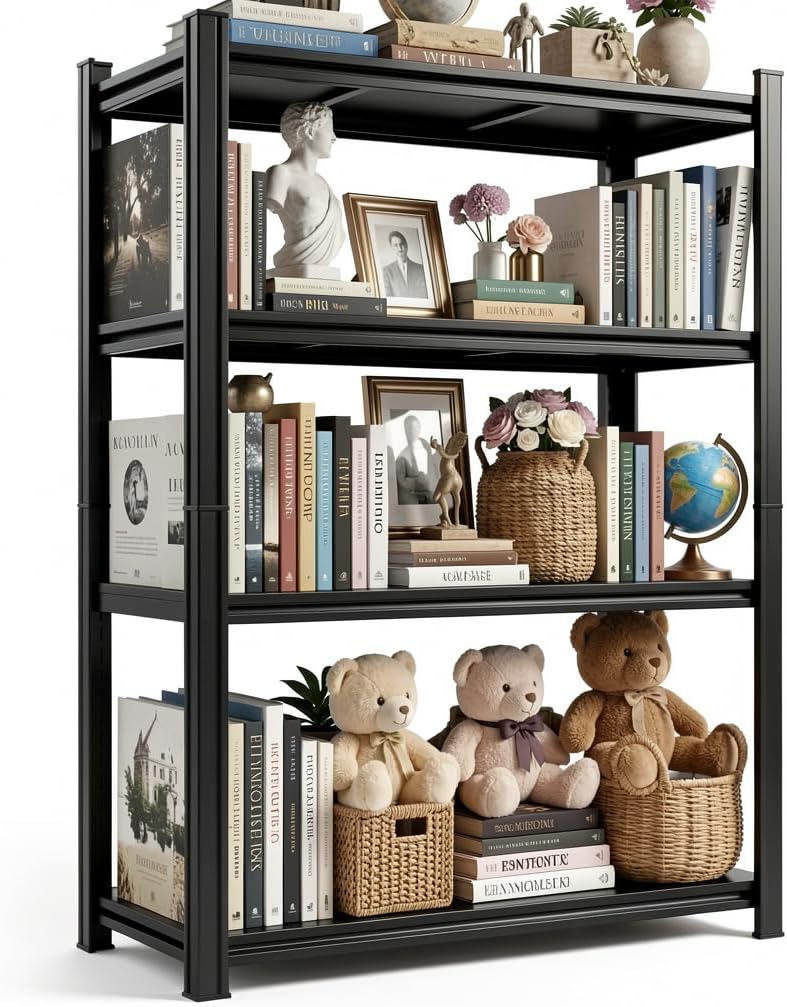 Wide & Deep Bookshelf, 4-Tier Heavy Duty Shelves for Storage, Large Industrial Metal Bookcase for Books and Collectibles, 20" Deep