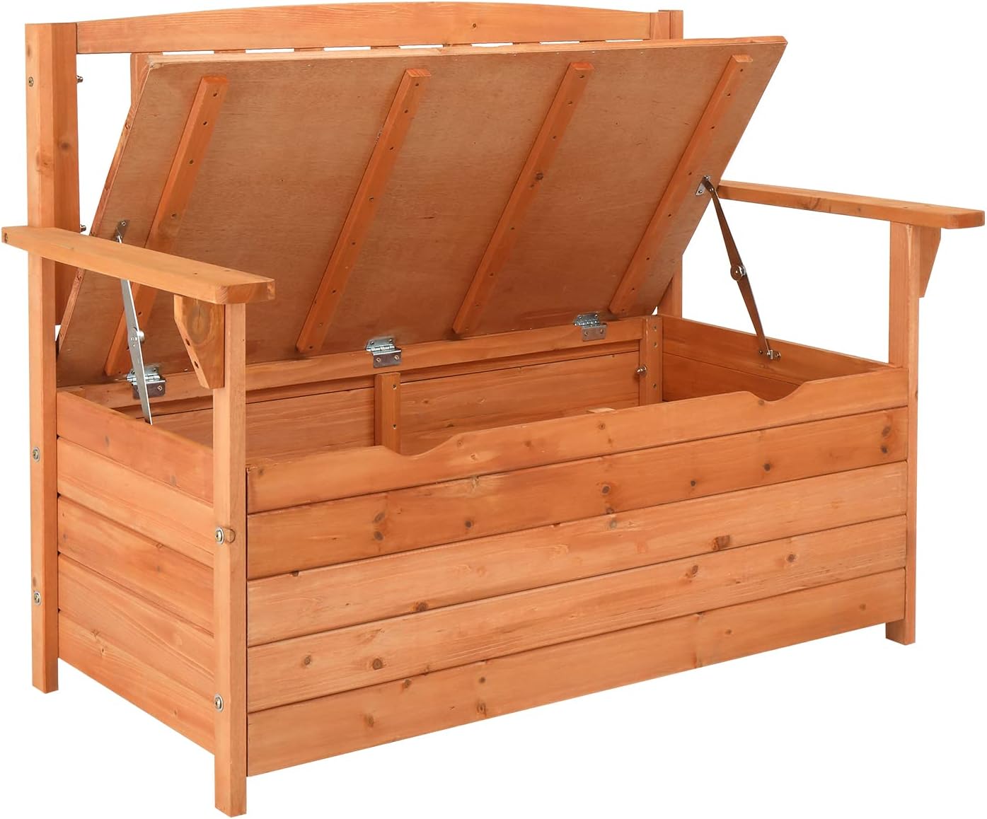 Cedar Outdoor Storage Bench with Backrest & Armrest, 44" x 22.8" x 33.1" Bright Orange Red Patio Deck Box with 440lbs Weight Capacity, Waterproof Outdoor Storage Seat