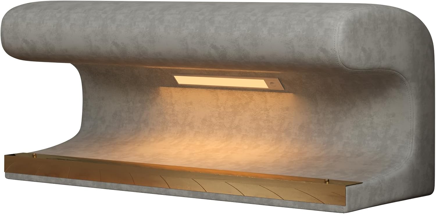 HRVEOCEI 37 inch Arch Entryway Bench Leather Upholstered Art Ottoman Bench with LED Sensor Light for Living Room, Bedroom (Gray)