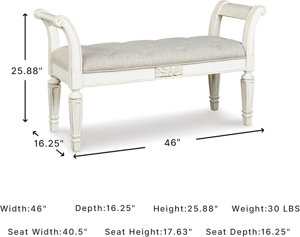 Signature Design by Ashley Realyn French Country Upholstered Tufted Accent Bench with Foam Cushion and Scrolled Arms, Wood Frame, 25.88" High, Antique White