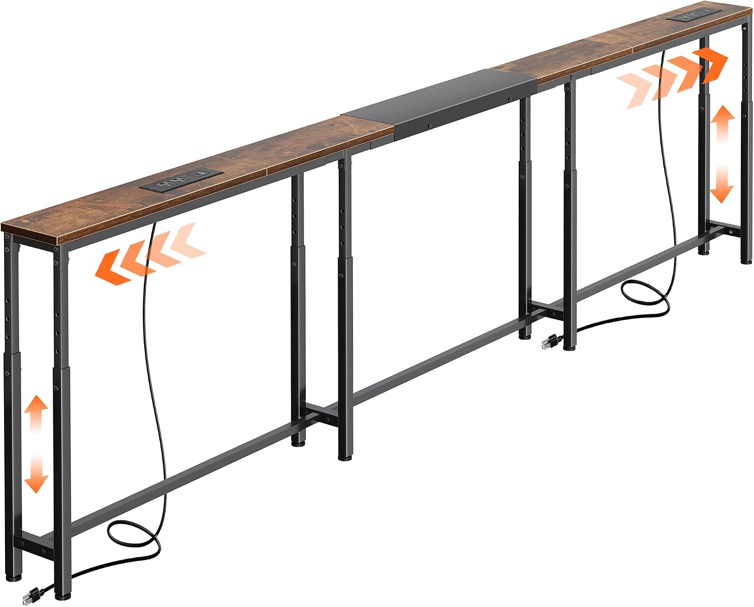 Huuger Narrow Console Table with Power Outlets & USB-C, 23.6"-35.4" Adjustable Height Sofa Table Behind Couch, Extendable 94.5"-110.2" Long Console Table, Wall-Protected Pads, Rustic Brown