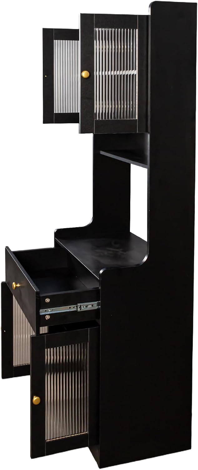 Kitchen Pantry Cabinet with Doors and Drawer, 71" Freestanding Kitchen Hutch Cabinet with Open Shelf and Cable Management Hole, Coffee Bar Cabinet Buffet Sideboard for Kitchen Dining Room (Black)