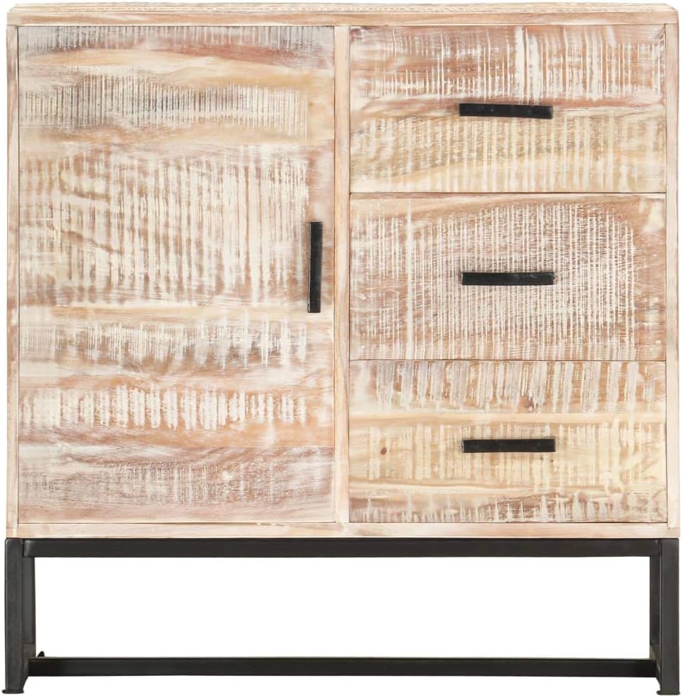 White Solid Acacia Wood Sideboard with Powder-Coated Steel Frame, 4 Storage Compartments for Living Room Dining Room Hallway Organization, Retro Style Furniture with Unique