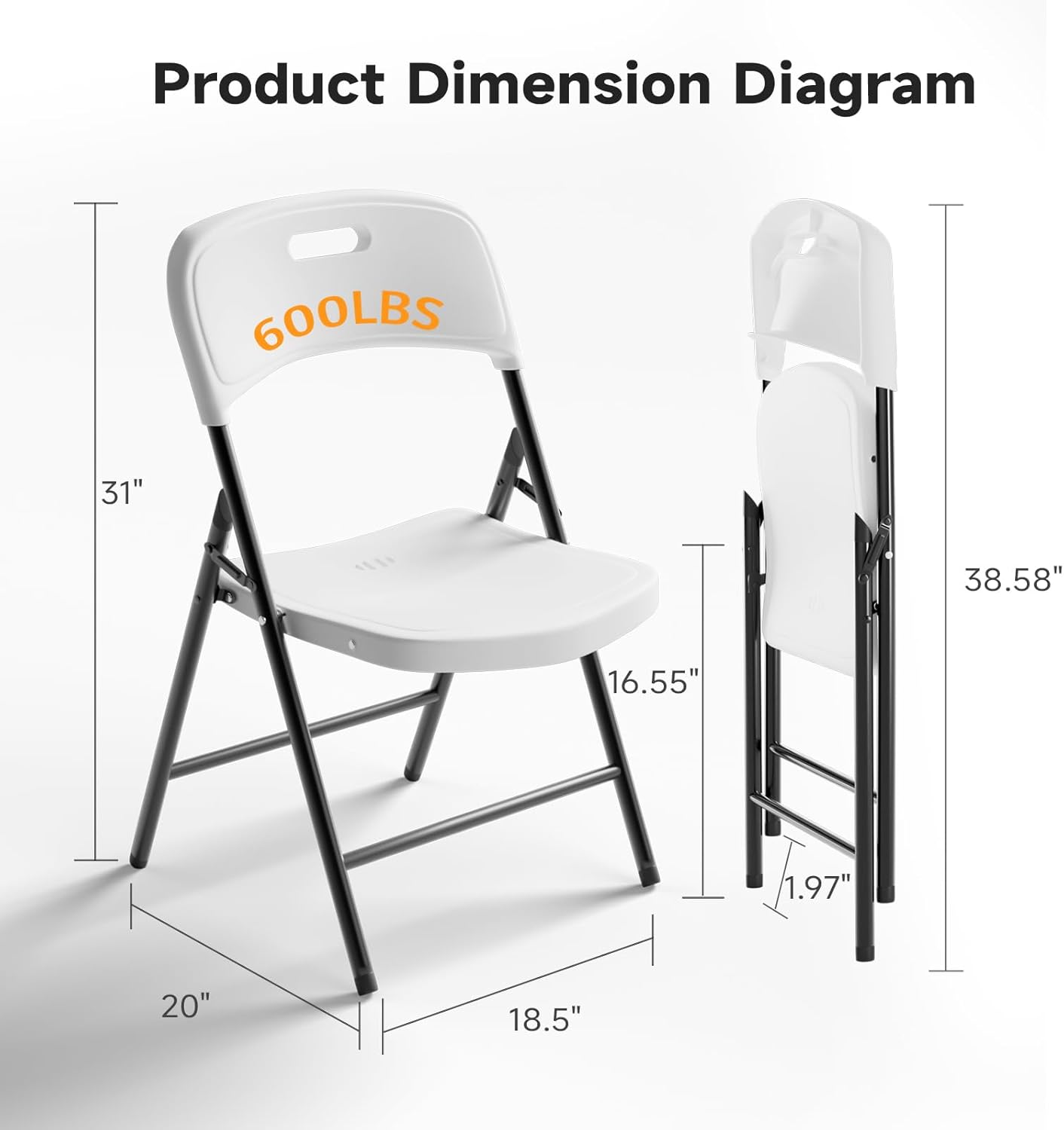 Folding Chairs, 600lbs Capacity, Heavy-Duty Commercial Stackable Plastic Foldable Chairs for Indoor/Outside, Office, Kitchen, Party, Patio(White, 4 Pack)